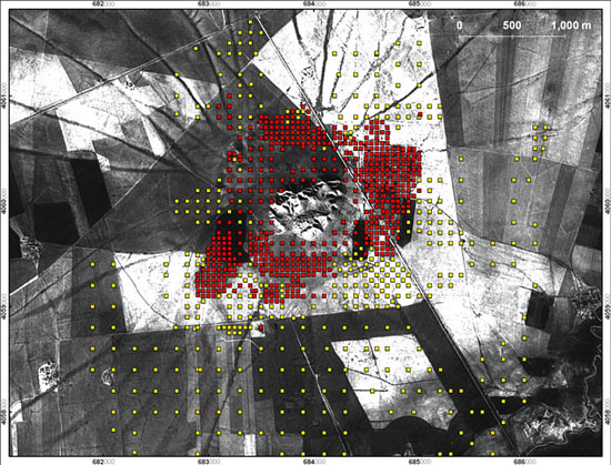 Distribution of surface collection units. Red squares: 4sqm collection areas. Yellow squares: 100 sqm collection areas.