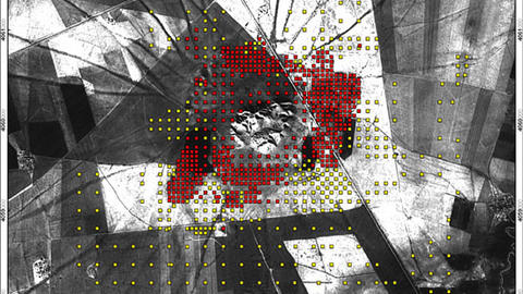 Distribution of surface collection units. Red squares: 4sqm collection areas. Yellow squares: 100 sqm collection areas.